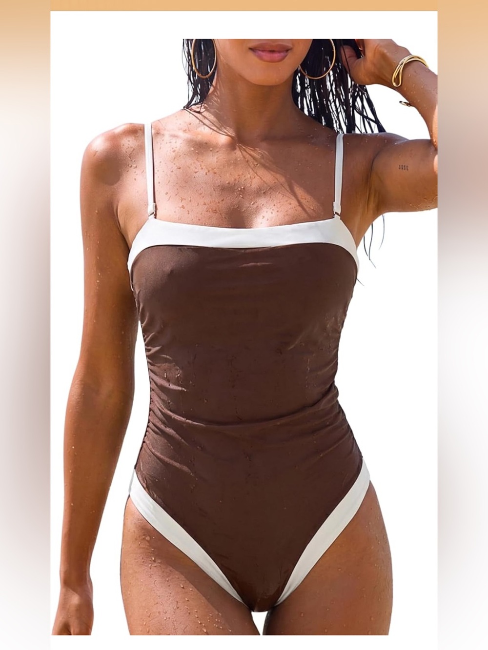 NWT QINSEN  One Piece Swimsuit Color Block Square Neck Bathing Suit Lined Medium